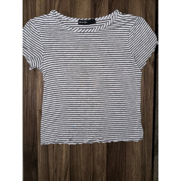 Brit & Bri Short Sleeve Lettuce Trim Striped Crop Top Small - Picture 1 of 3